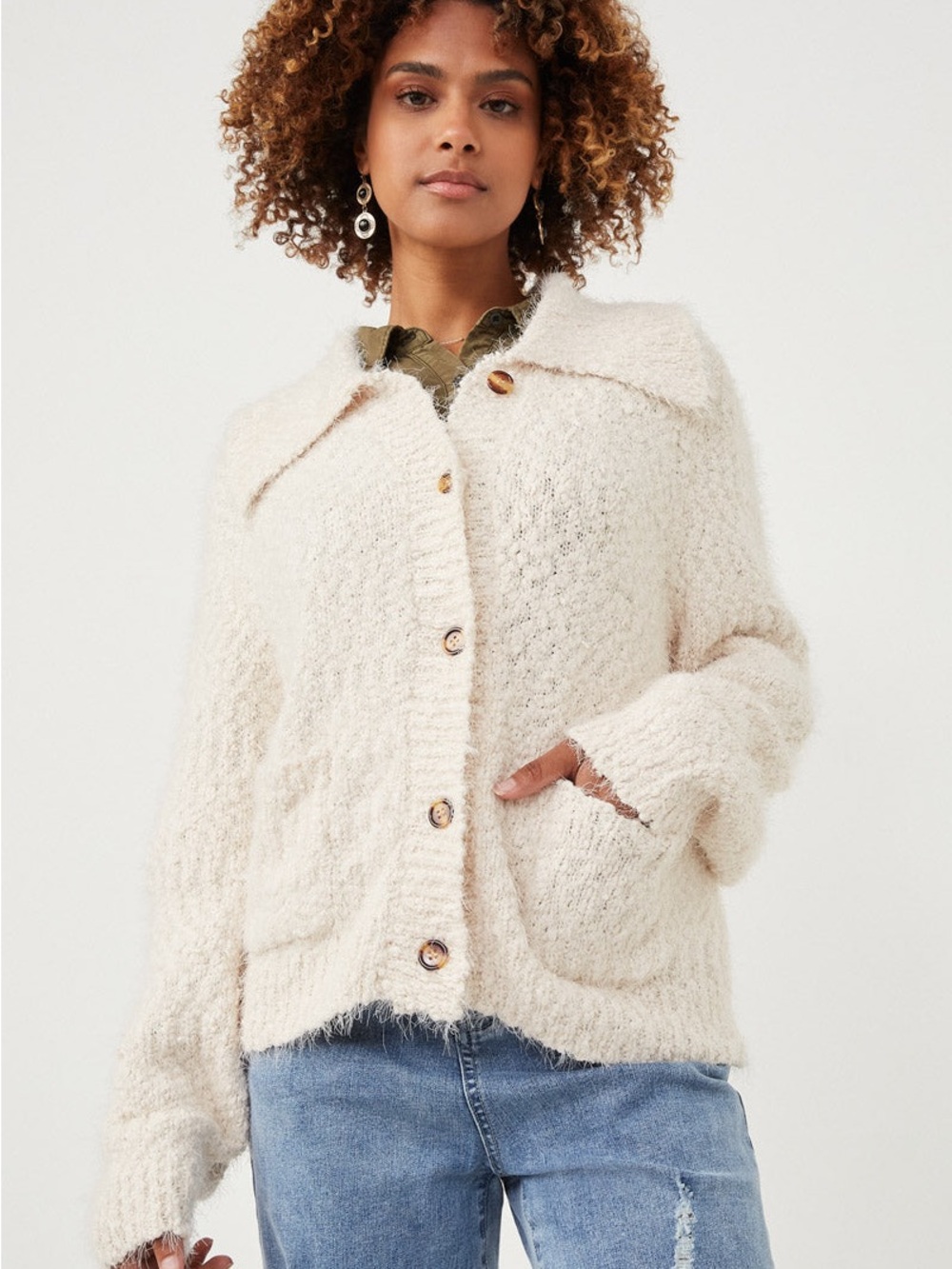 Oversize Fuzzy Popcorn Knit Button Up Collared Sweater